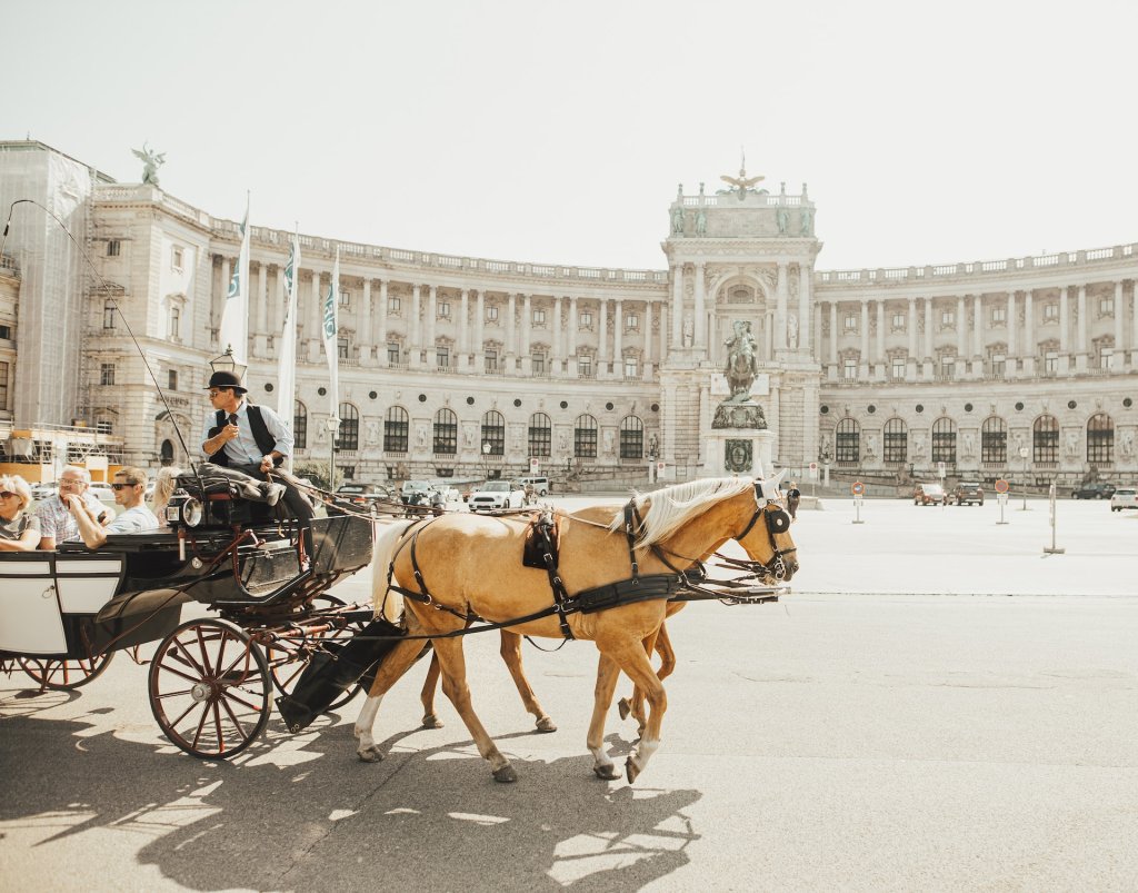 Άμαξα με άλογο έξω από κτήριο της Βιέννης.
